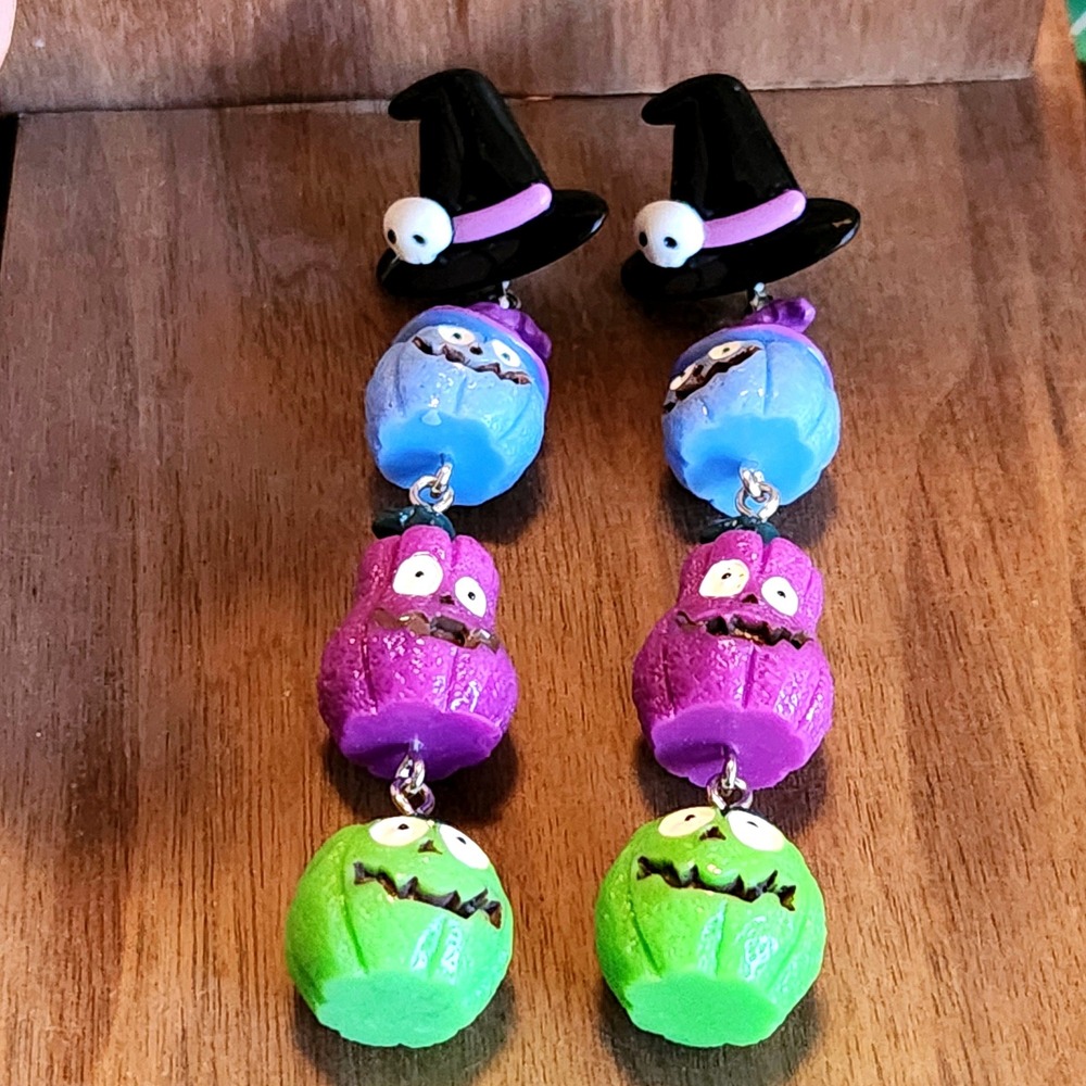 Halloween Pumpkin Witch Hat Dangle Earrings Multicolor Resin Tiered Drop 3.5"